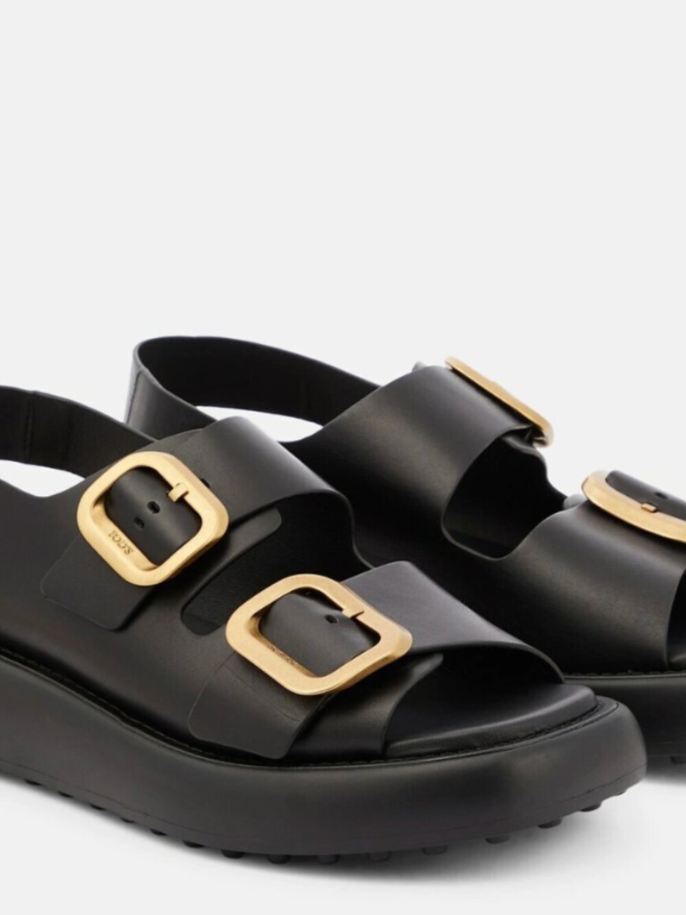 Tod's Double Buckle Leather Platform Sandals Black Gold Size 36